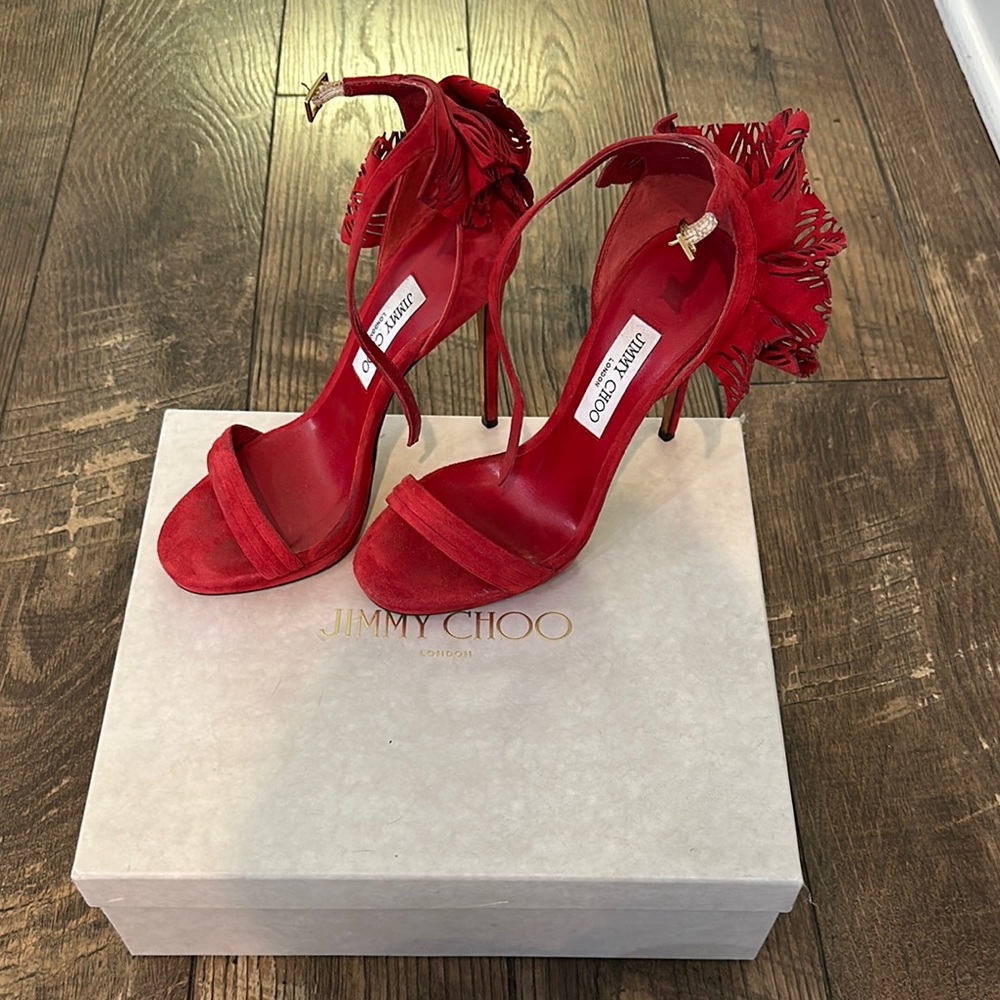 Jimmy Choo Red Stiletto Heels with Ankle Strap